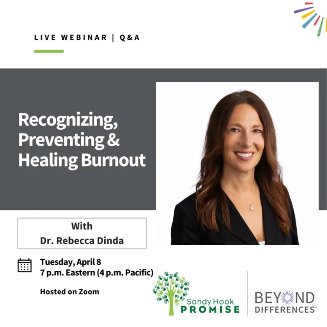 If just the word burnout makes you wonder if it applies to you...it does. But this PD is for you! Join us Tuesday, April 8 at 7 p.m. ET (4 p.m. PT) on Zoom as Dr. Rebecca Dinda guides us in Recognizing, Preventing & Healing Burnout.  https://sandyhookpromise.co/4bx8PdX