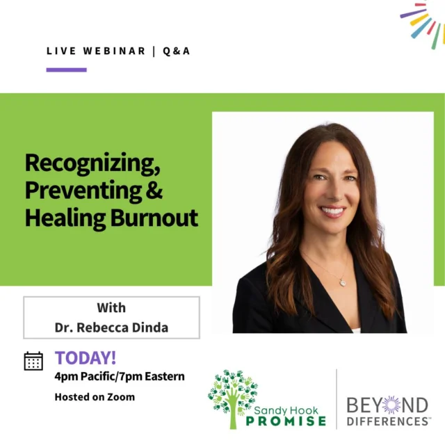 TODAY- Tuesday, April 8 - join us on Zoom at 7 p.m. ET (4 p.m. PT) for our last PD of the 2024-2025 school year. Dr. Rebecca Dinda leads Recognizing, Preventing & Healing Burnout.  https://sandyhookpromise.co/4bx8PdX